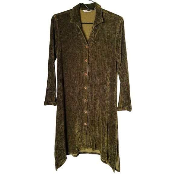 Kleen Asymmetrical Chenille Dress Womens M Green Long Sleeve Button Up Tunic - Picture 1 of 12